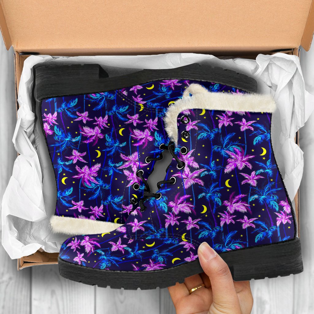 Palm Tree Night Scene Design Print Faux Fur Leather Boots-JTAMIGO.COM