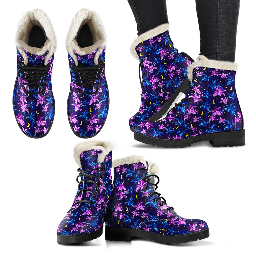 Palm Tree Night Scene Design Print Faux Fur Leather Boots-JTAMIGO.COM