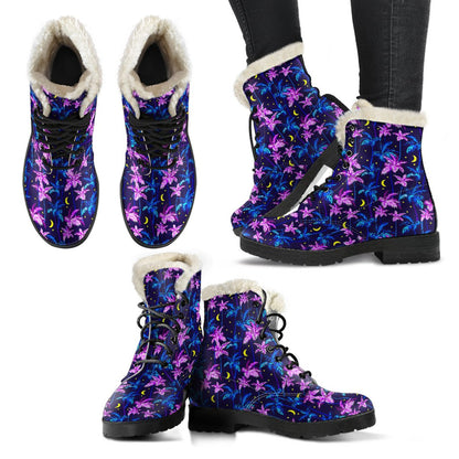 Palm Tree Night Scene Design Print Faux Fur Leather Boots-JTAMIGO.COM