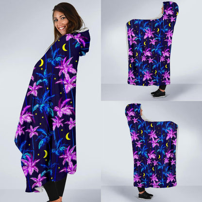 Palm Tree Night Scene Design Print Hooded Blanket-JTAMIGO.COM