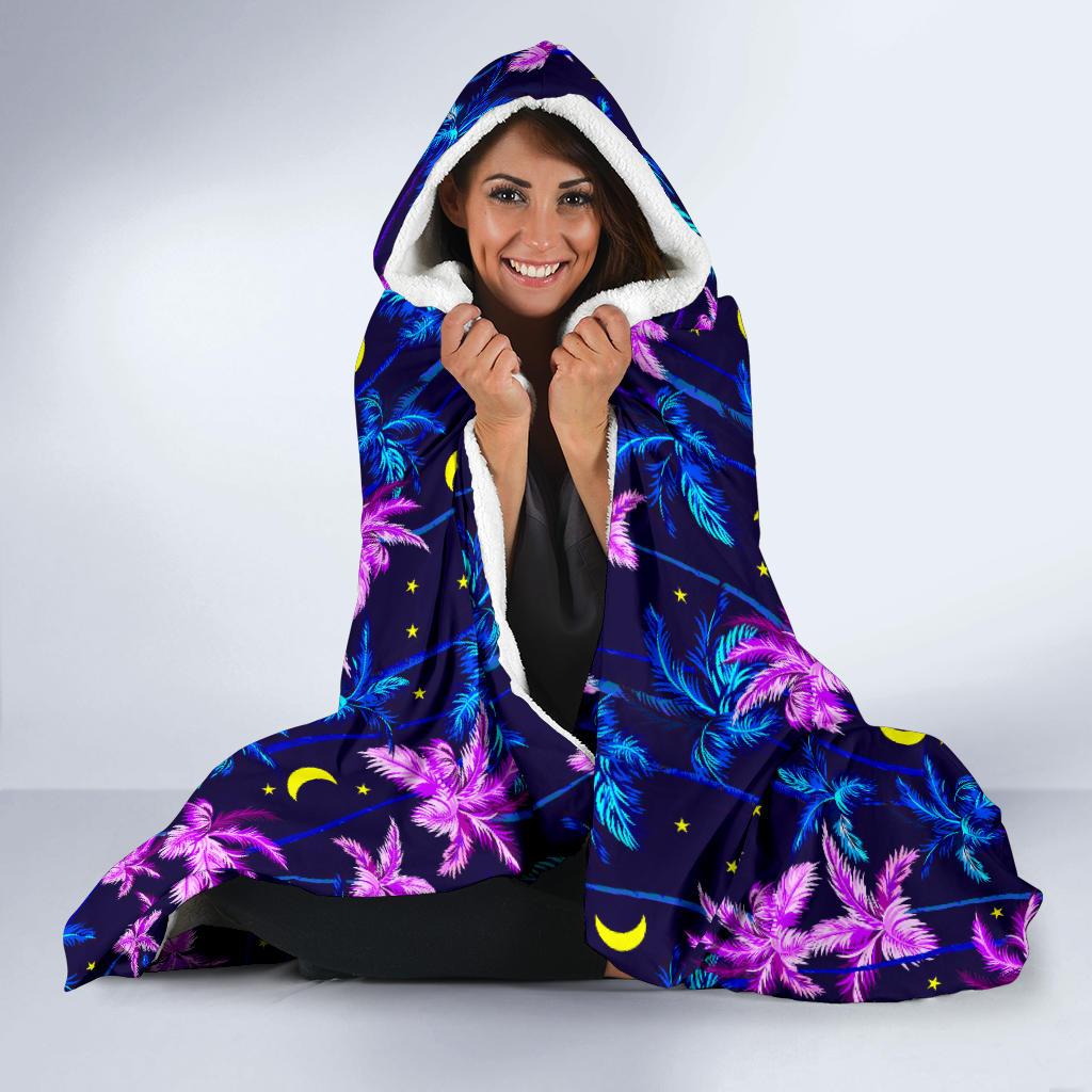 Palm Tree Night Scene Design Print Hooded Blanket-JTAMIGO.COM