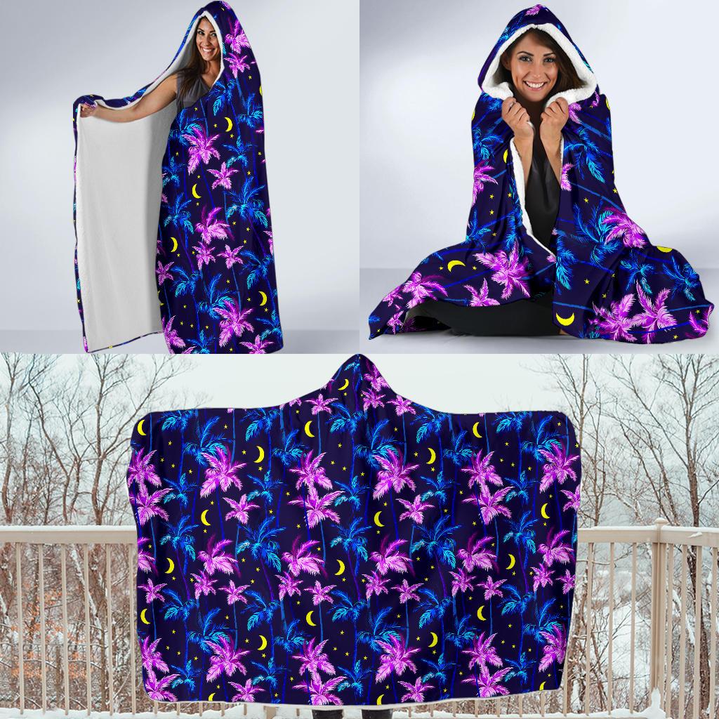 Palm Tree Night Scene Design Print Hooded Blanket-JTAMIGO.COM