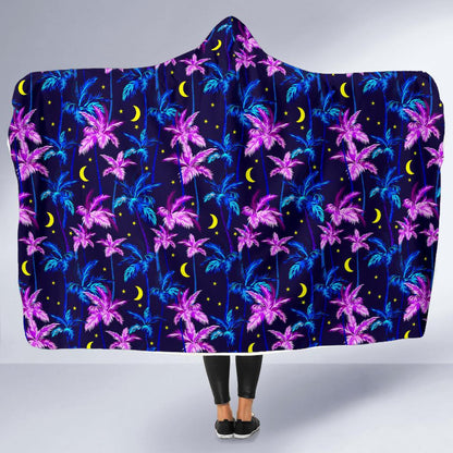 Palm Tree Night Scene Design Print Hooded Blanket-JTAMIGO.COM
