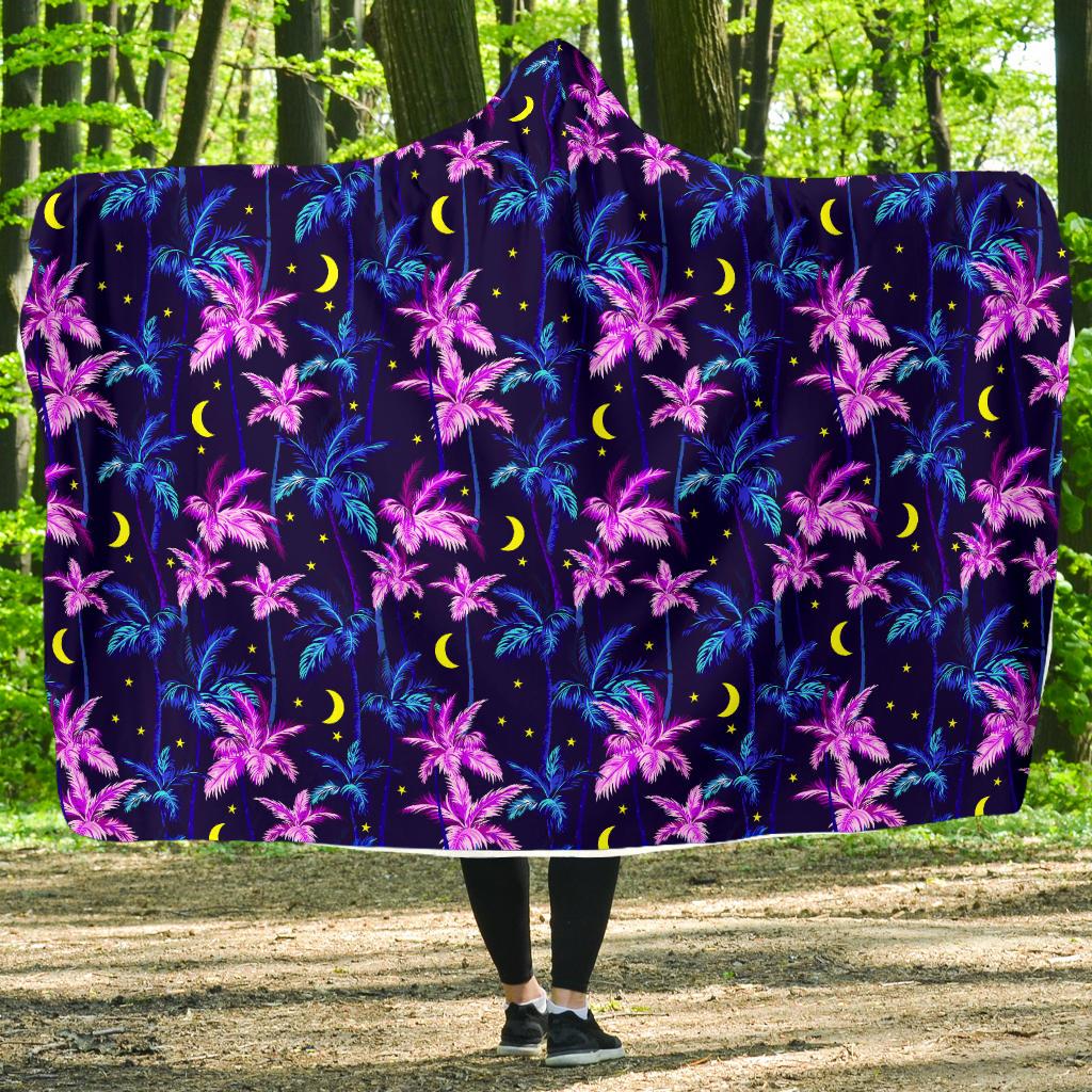 Palm Tree Night Scene Design Print Hooded Blanket-JTAMIGO.COM