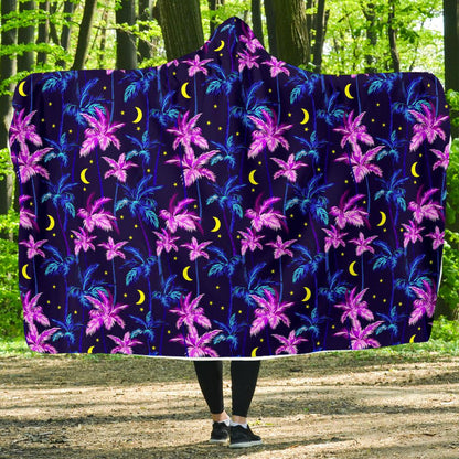 Palm Tree Night Scene Design Print Hooded Blanket-JTAMIGO.COM