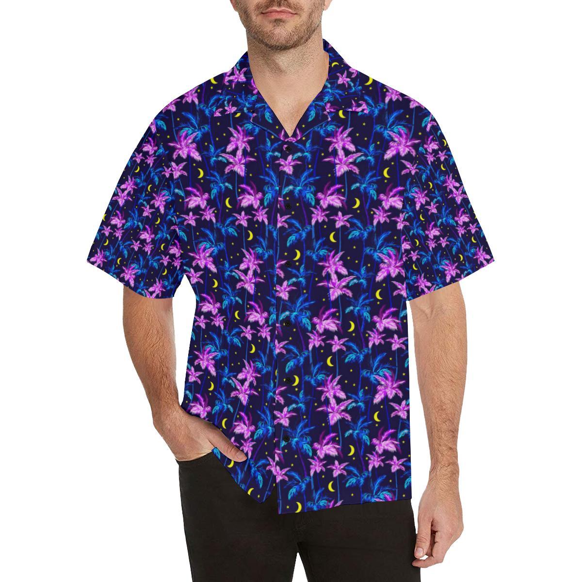 Palm Tree Night Scene Design Print Men Aloha Hawaiian Shirt