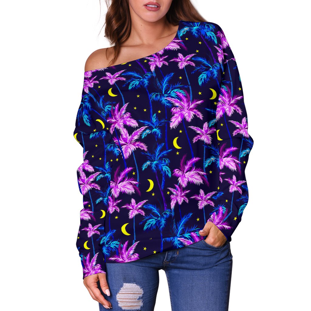 Palm Tree Night Scene Design Print Off Shoulder Sweatshirt