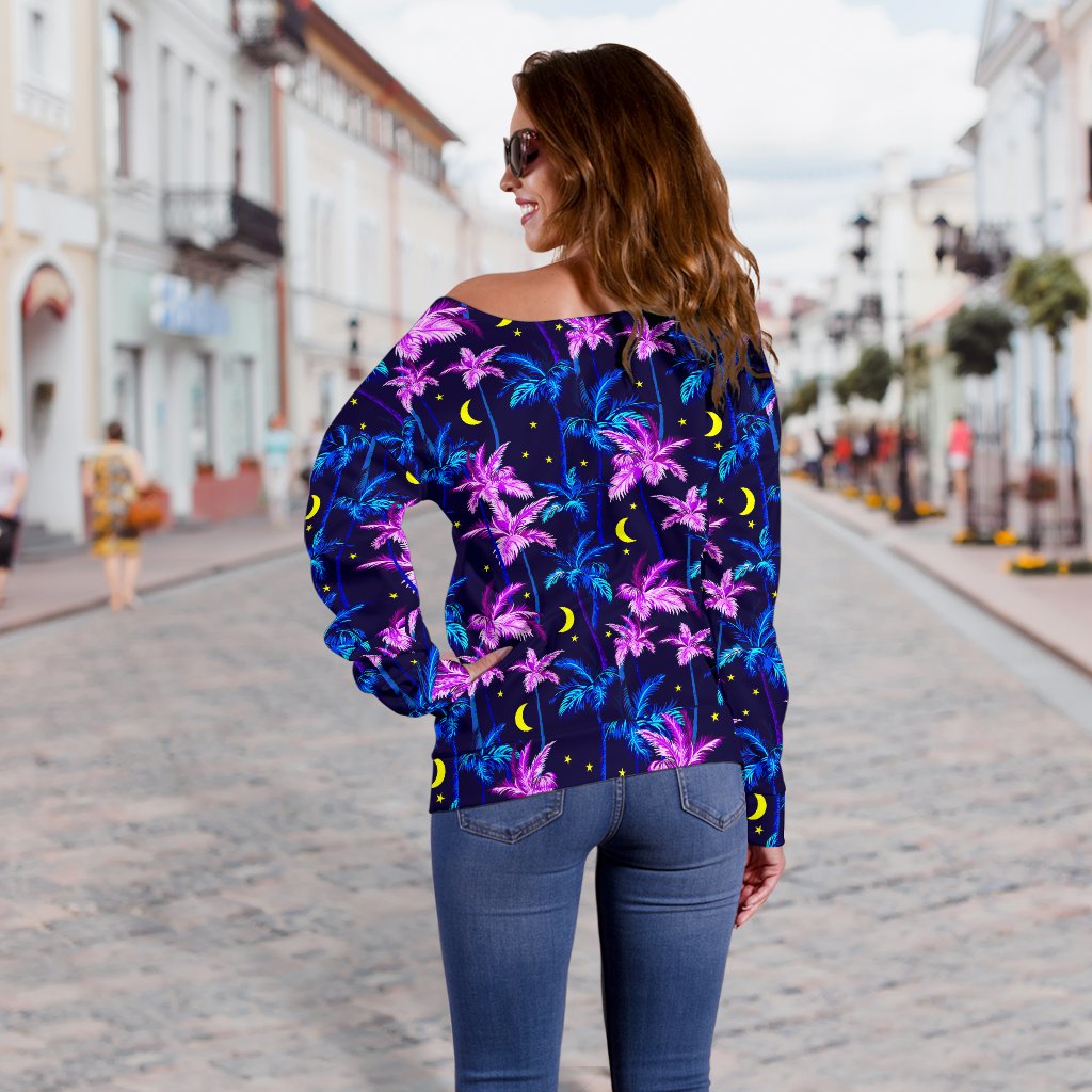 Palm Tree Night Scene Design Print Off Shoulder Sweatshirt