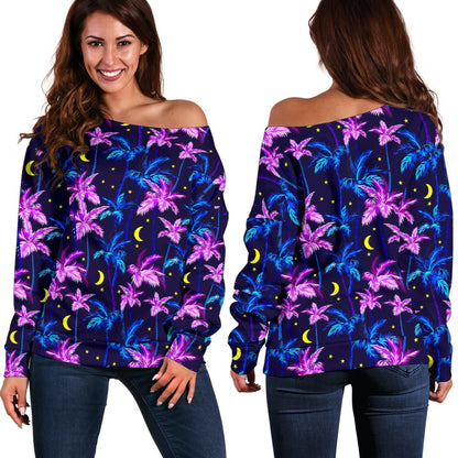 Palm Tree Night Scene Design Print Off Shoulder Sweatshirt