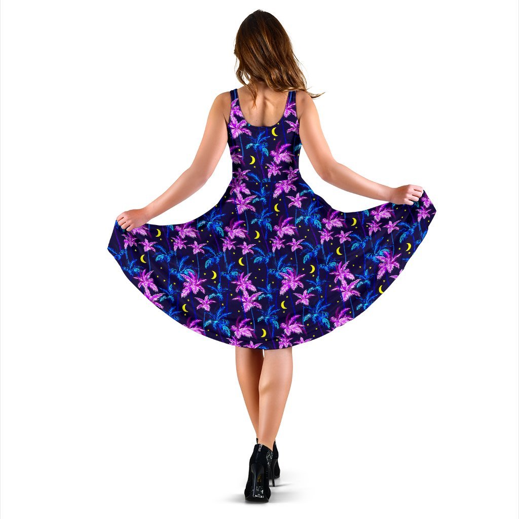 Palm Tree Night Scene Design Print Sleeveless Dress