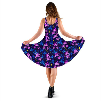 Palm Tree Night Scene Design Print Sleeveless Dress