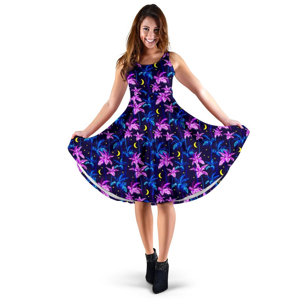 Palm Tree Night Scene Design Print Sleeveless Dress