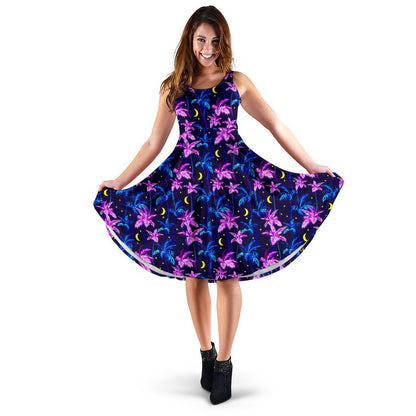 Palm Tree Night Scene Design Print Sleeveless Dress