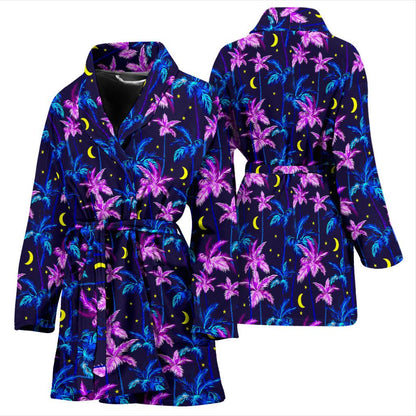 Palm Tree Night Scene Design Print Women Bath Robe-JTAMIGO.COM