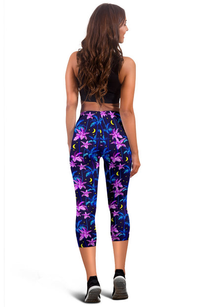 Palm Tree Night Scene Design Print Women Capris