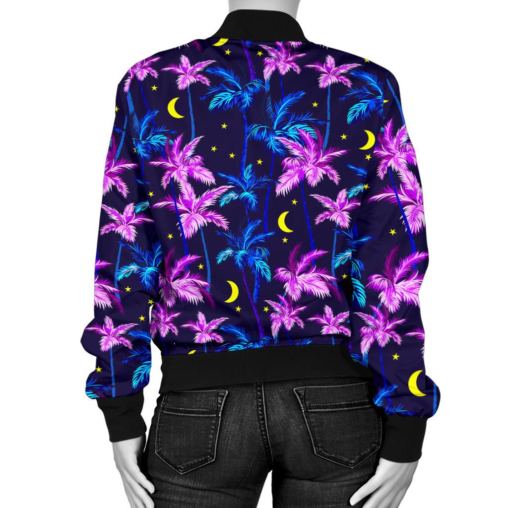 Palm Tree Night Scene Design Print Women Casual Bomber Jacket