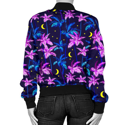 Palm Tree Night Scene Design Print Women Casual Bomber Jacket