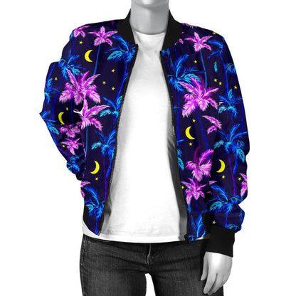 Palm Tree Night Scene Design Print Women Casual Bomber Jacket