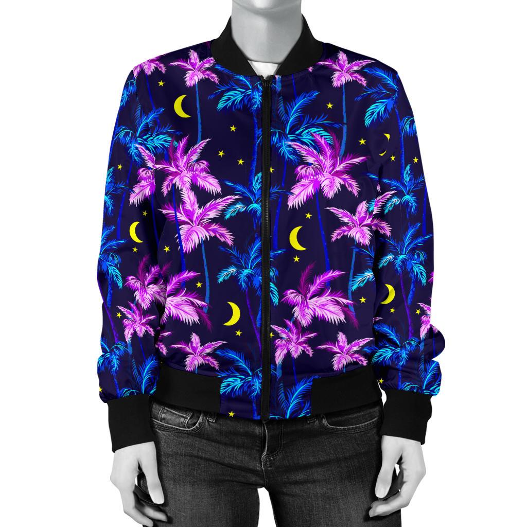 Palm Tree Night Scene Design Print Women Casual Bomber Jacket