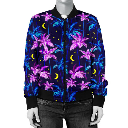 Palm Tree Night Scene Design Print Women Casual Bomber Jacket