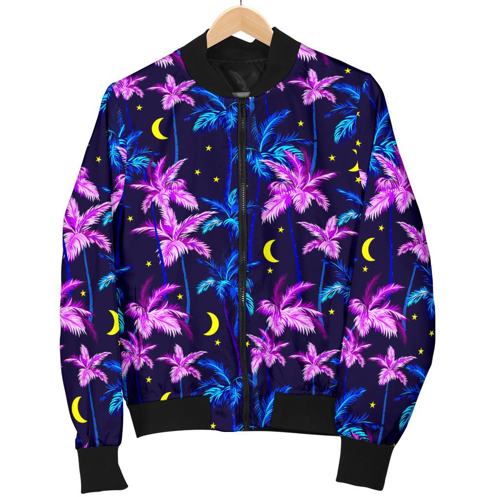 Palm Tree Night Scene Design Print Women Casual Bomber Jacket