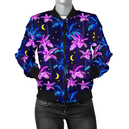 Palm Tree Night Scene Design Print Women Casual Bomber Jacket