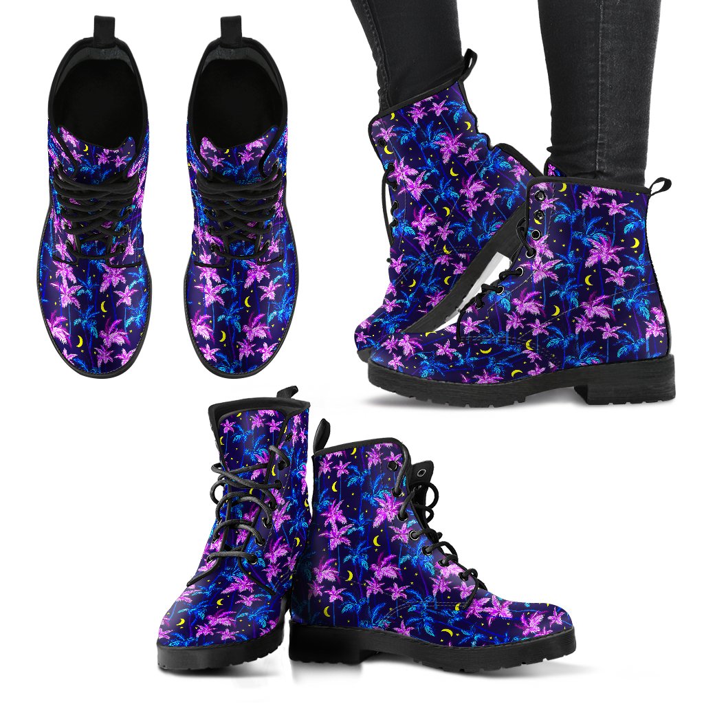 Palm Tree Night Scene Design Print Women Leather Boots-JTAMIGO.COM