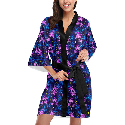 Palm Tree Night Scene Design Print Women Short Kimono Robe