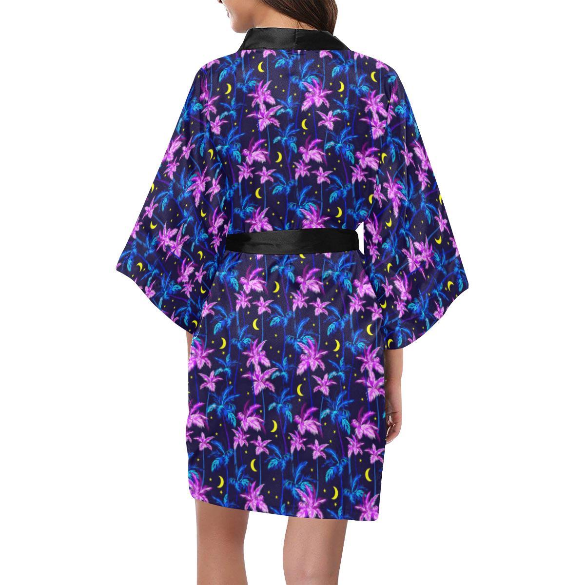 Palm Tree Night Scene Design Print Women Short Kimono Robe