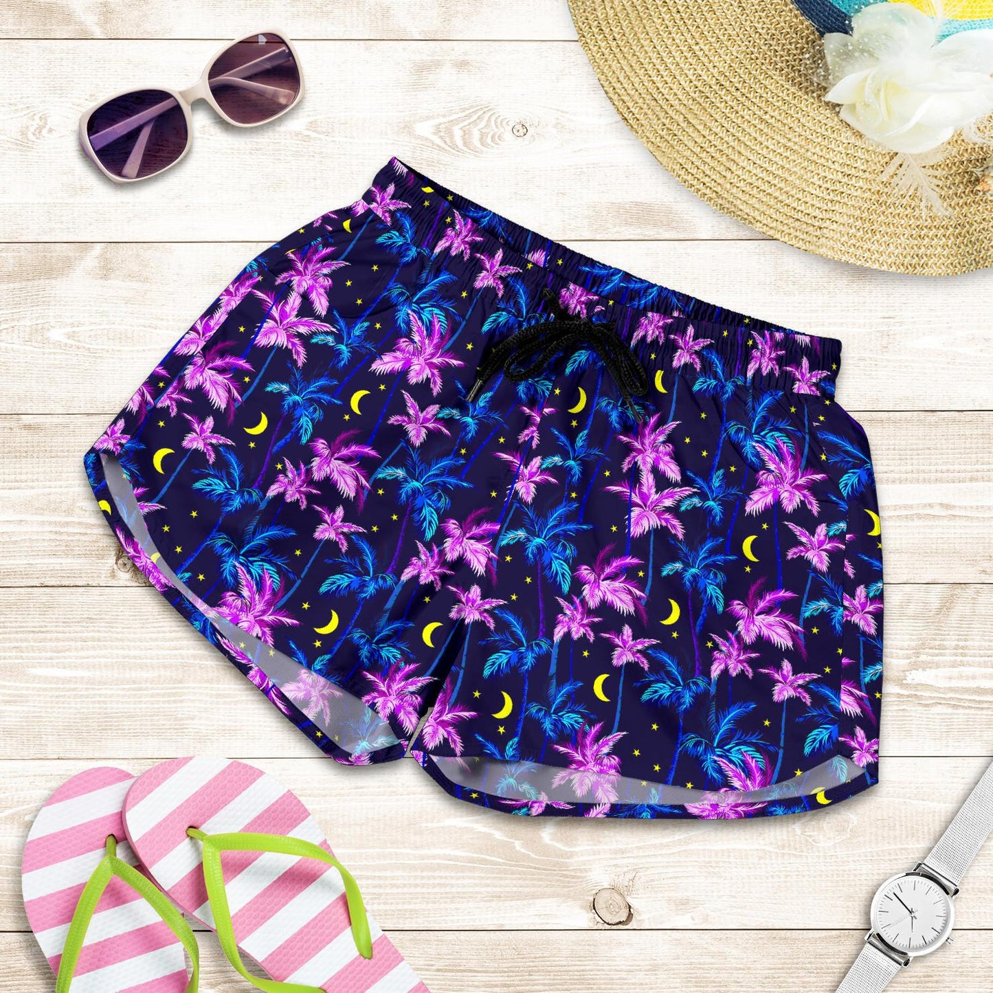 Palm Tree Night Scene Design Print Women Shorts-JTAMIGO.COM