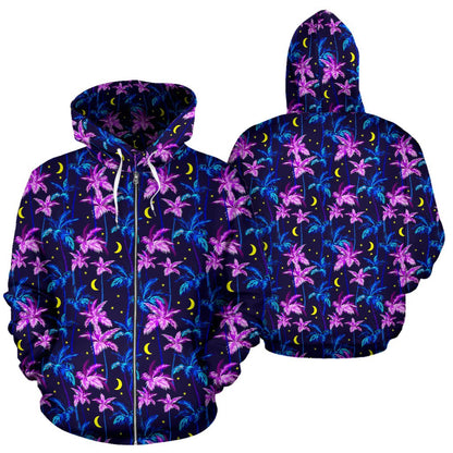 Palm Tree Night Scene Design Print Zip Up Hoodie