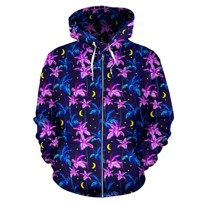 Palm Tree Night Scene Design Print Zip Up Hoodie