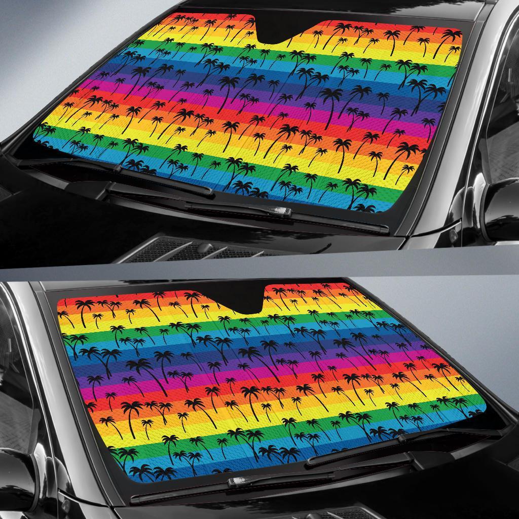 Palm Tree Rainbow Themed Print Car Sun Shade For Windshield