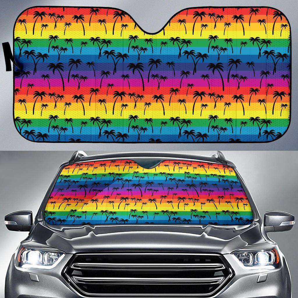 Palm Tree Rainbow Themed Print Car Sun Shade For Windshield