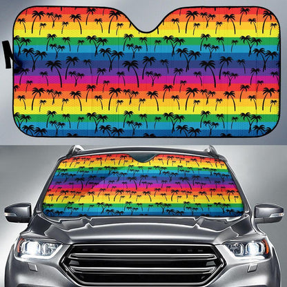 Palm Tree Rainbow Themed Print Car Sun Shade For Windshield