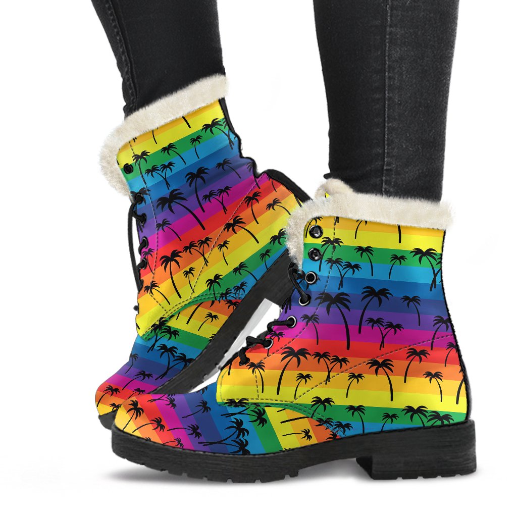 Palm Tree Rainbow Themed Print Faux Fur Leather Boots-JTAMIGO.COM