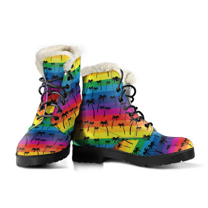 Palm Tree Rainbow Themed Print Faux Fur Leather Boots-JTAMIGO.COM