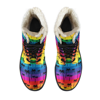 Palm Tree Rainbow Themed Print Faux Fur Leather Boots-JTAMIGO.COM