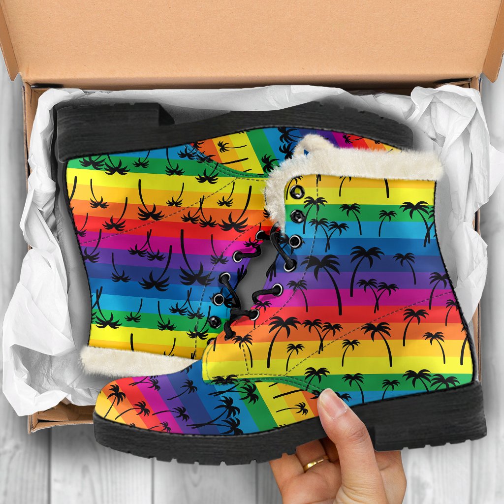 Palm Tree Rainbow Themed Print Faux Fur Leather Boots-JTAMIGO.COM