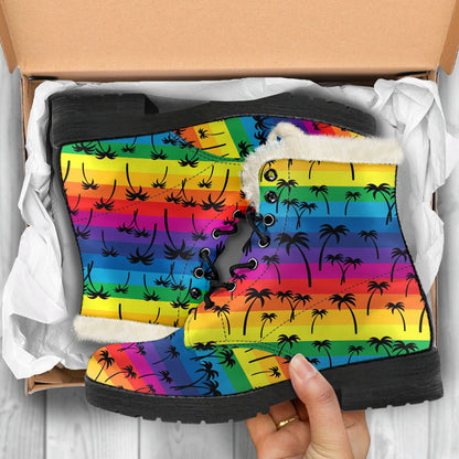 Palm Tree Rainbow Themed Print Faux Fur Leather Boots-JTAMIGO.COM