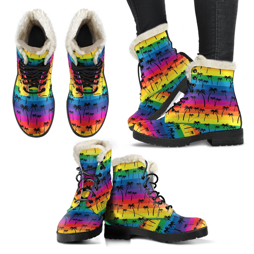 Palm Tree Rainbow Themed Print Faux Fur Leather Boots-JTAMIGO.COM