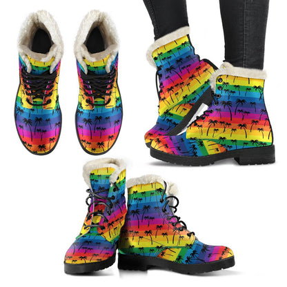 Palm Tree Rainbow Themed Print Faux Fur Leather Boots-JTAMIGO.COM