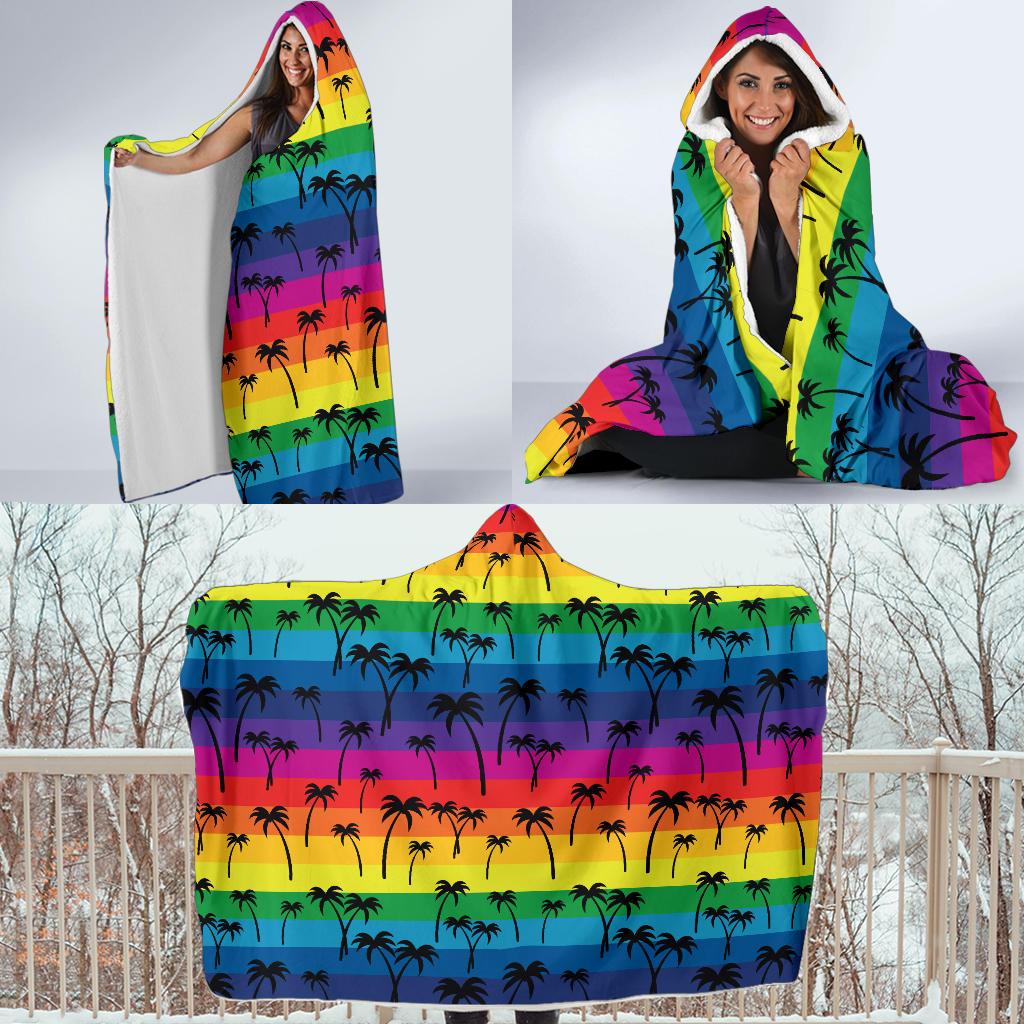 Palm Tree Rainbow Themed Print Hooded Blanket-JTAMIGO.COM