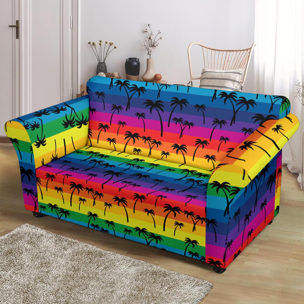 Palm Tree Rainbow Themed Print Loveseat Slipcover-JTAMIGO.COM