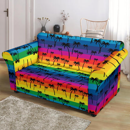 Palm Tree Rainbow Themed Print Loveseat Slipcover-JTAMIGO.COM