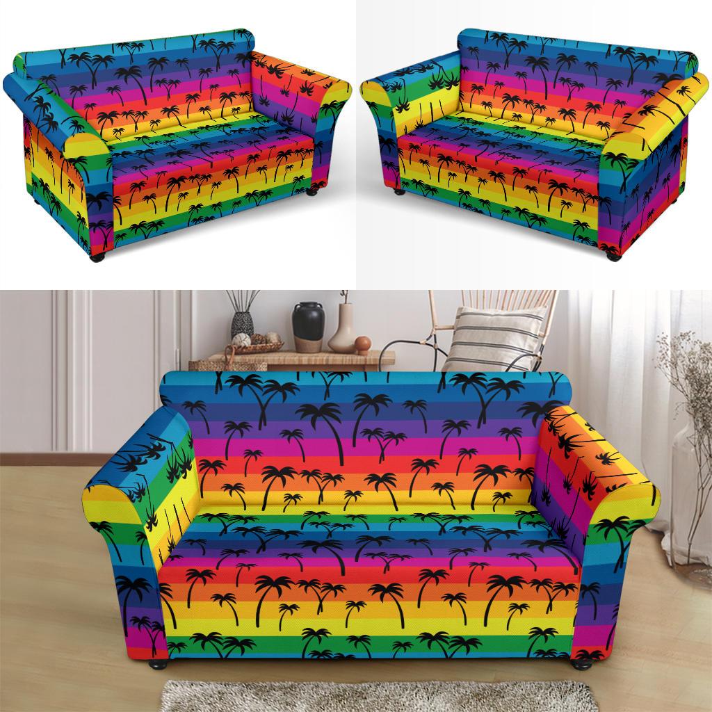 Palm Tree Rainbow Themed Print Loveseat Slipcover-JTAMIGO.COM