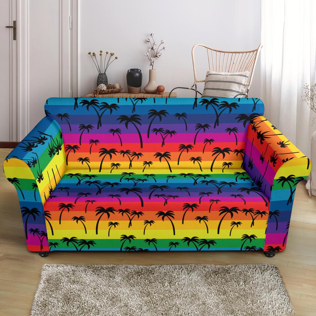 Palm Tree Rainbow Themed Print Loveseat Slipcover-JTAMIGO.COM
