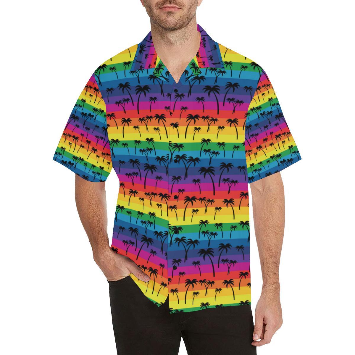 Palm Tree Rainbow Themed Print Men Aloha Hawaiian Shirt