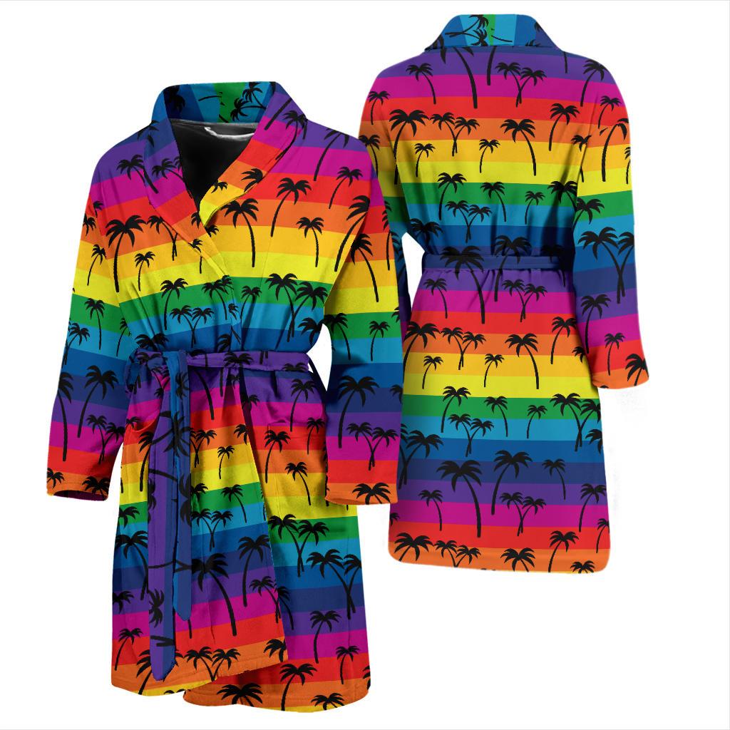 Palm Tree Rainbow Themed Print Men Bath Robe-JTAMIGO.COM