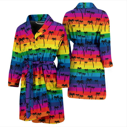 Palm Tree Rainbow Themed Print Men Bath Robe-JTAMIGO.COM